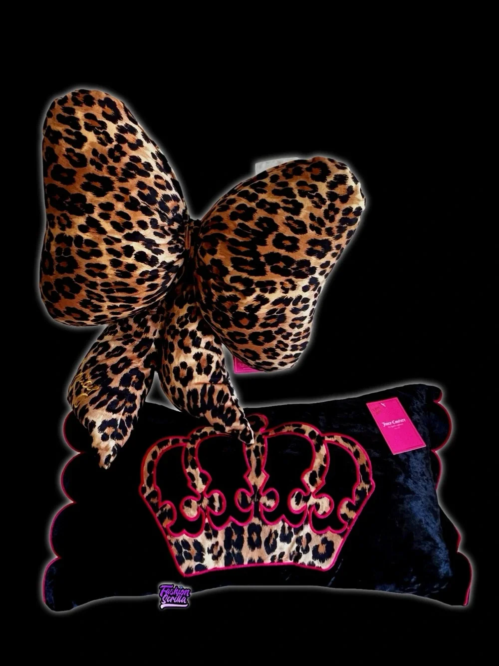 Juicy Couture Large Velvet Leopard Goth Crown & Matching Bow Pillow 3 Bundle Set
